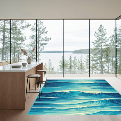 Teal Abstract Curling Waves Rug