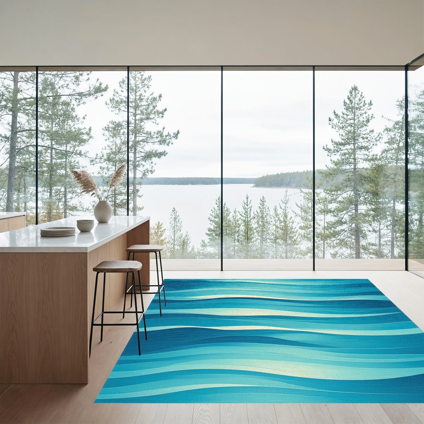 Abstract Blue Layered Waves Rug