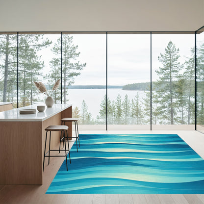 Abstract Blue Layered Waves Rug