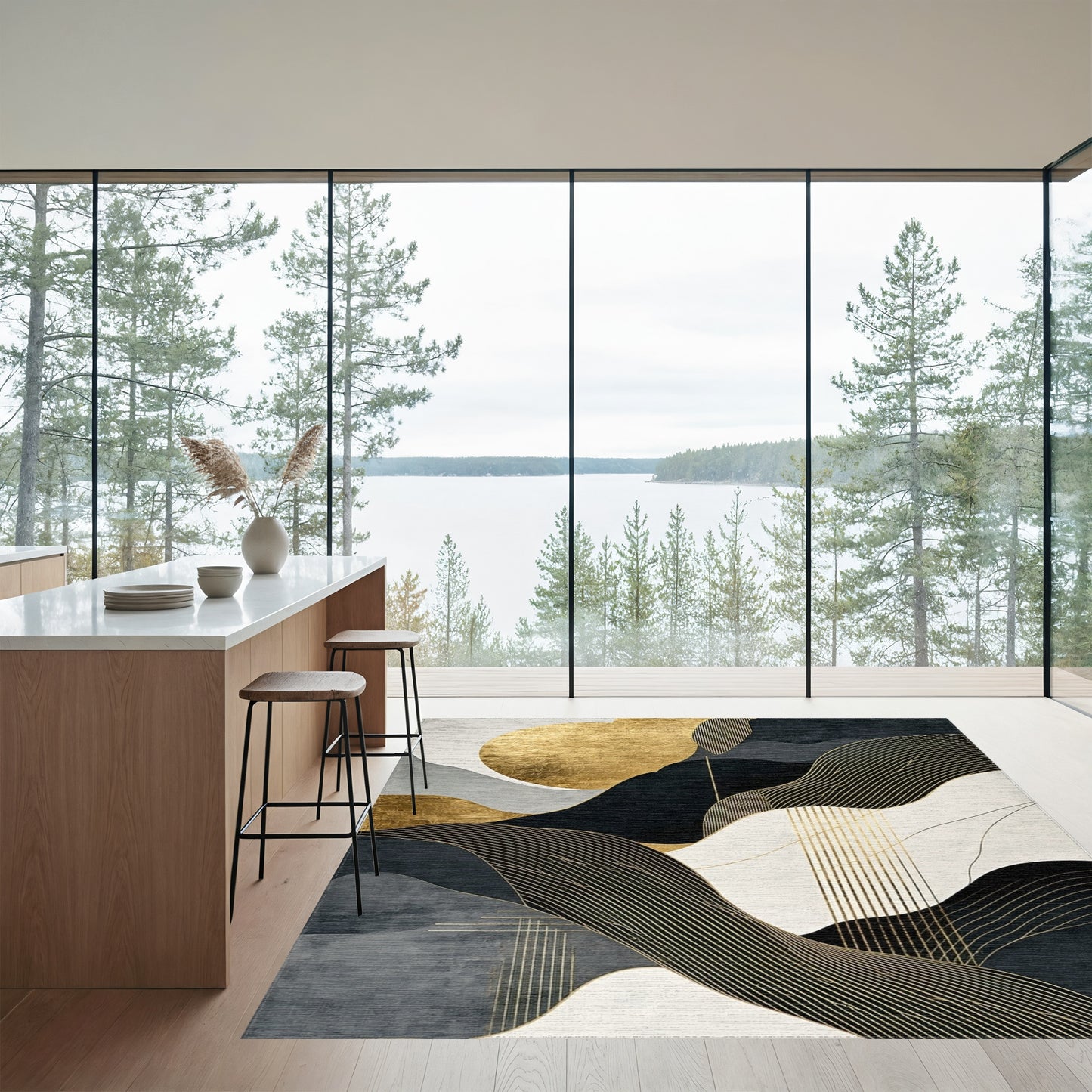 Gold Sun Abstract Wave Rug