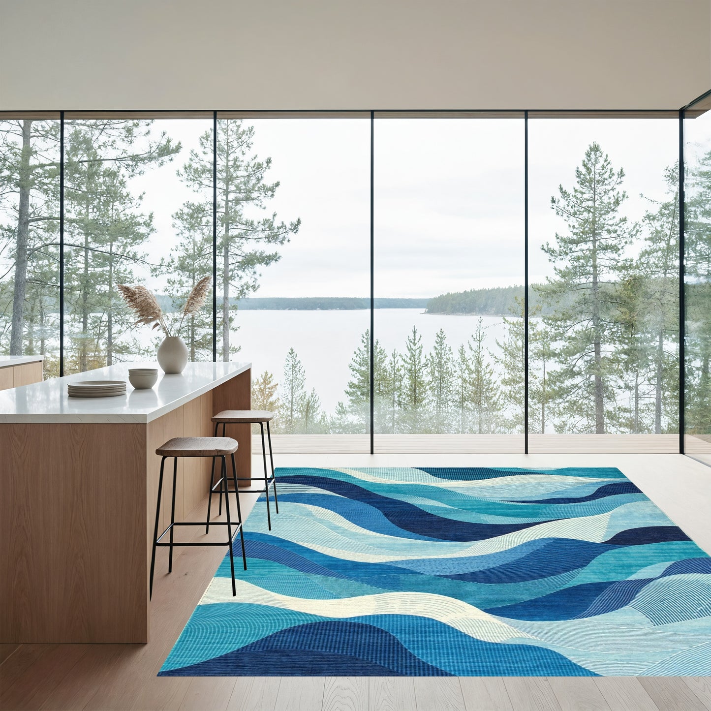 Navy Teal Fluid Waves Rug