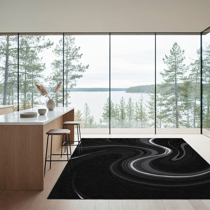 Black Gray Swirling Fluid Rug