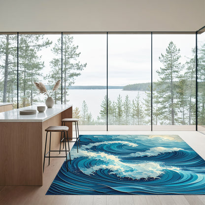Foamy Layered Blue Waves Rug