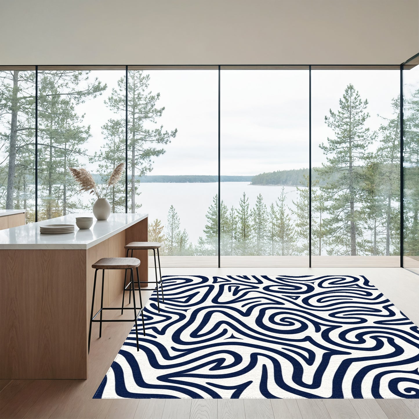 Navy Wavy Lines Abstract Rug