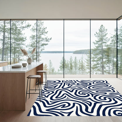 Navy Wavy Lines Abstract Rug