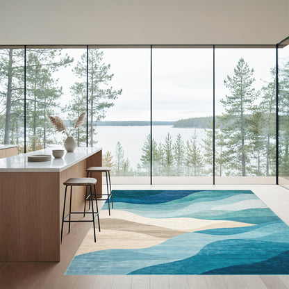 Teal Blue Layered Waves Rug