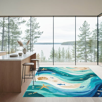 Teal Waves Starfish Seashell Beach Rug