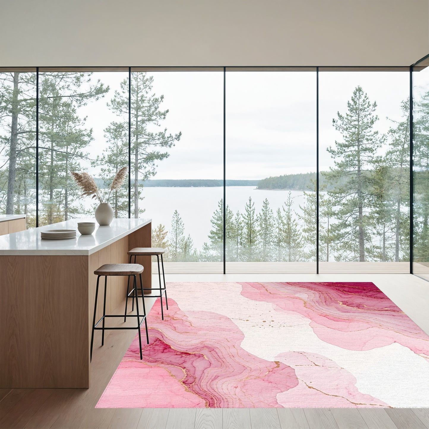 Pink Gold Fluid Marble Waves Rug