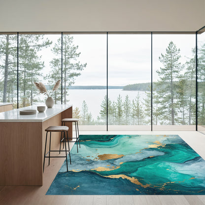 Emerald Teal Gold Fluid Marble Rug
