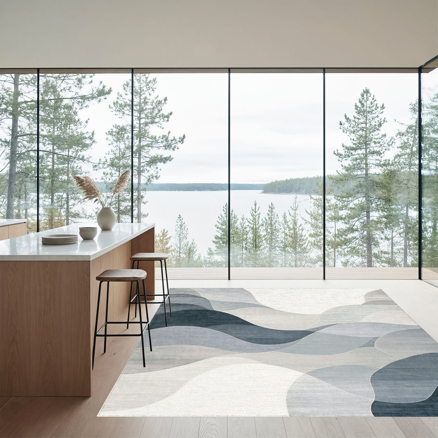 Abstract Layered Gray Waves Rug