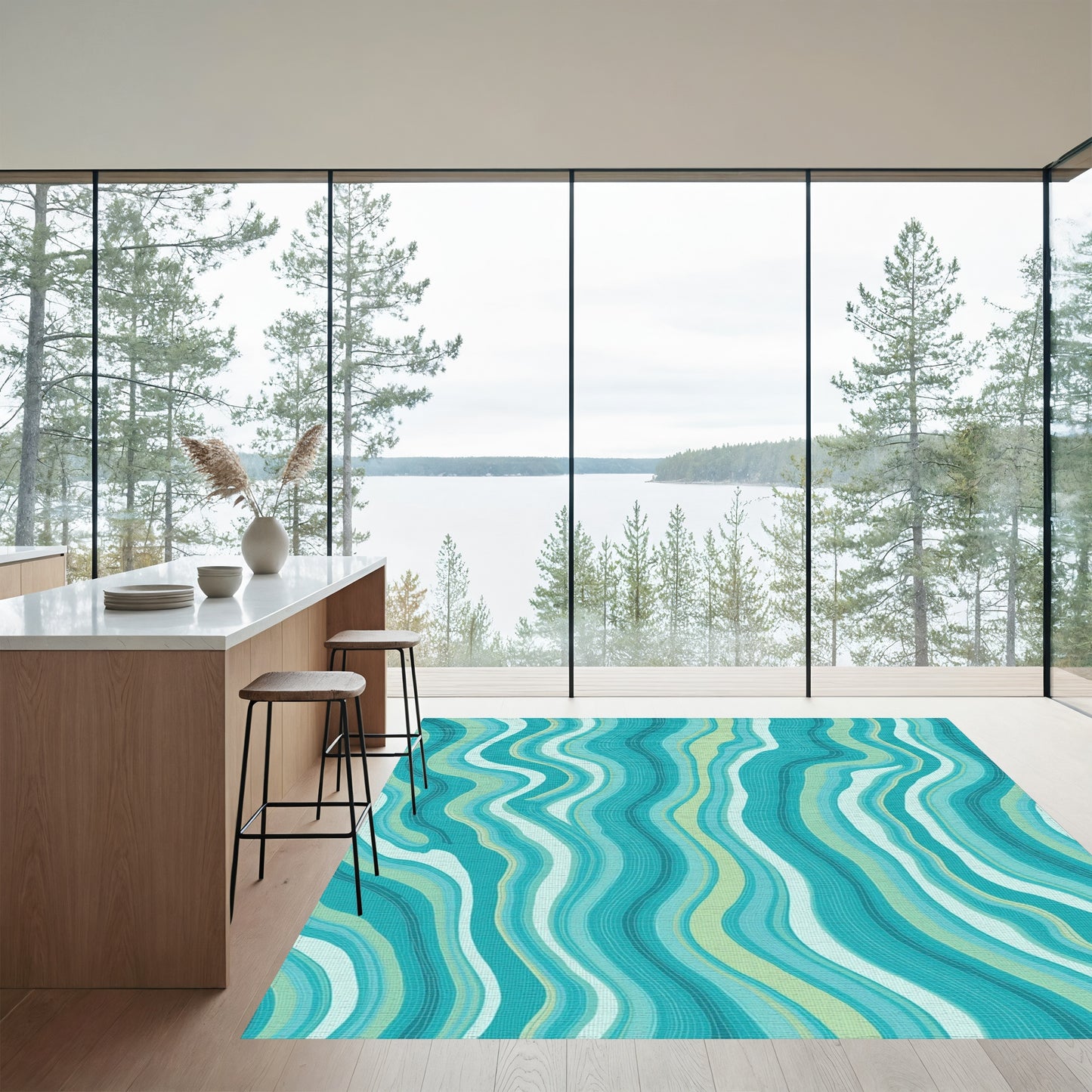 Teal Wavy Fluid Abstract Rug