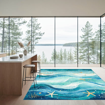 Teal Waves Gold Starfish Rug
