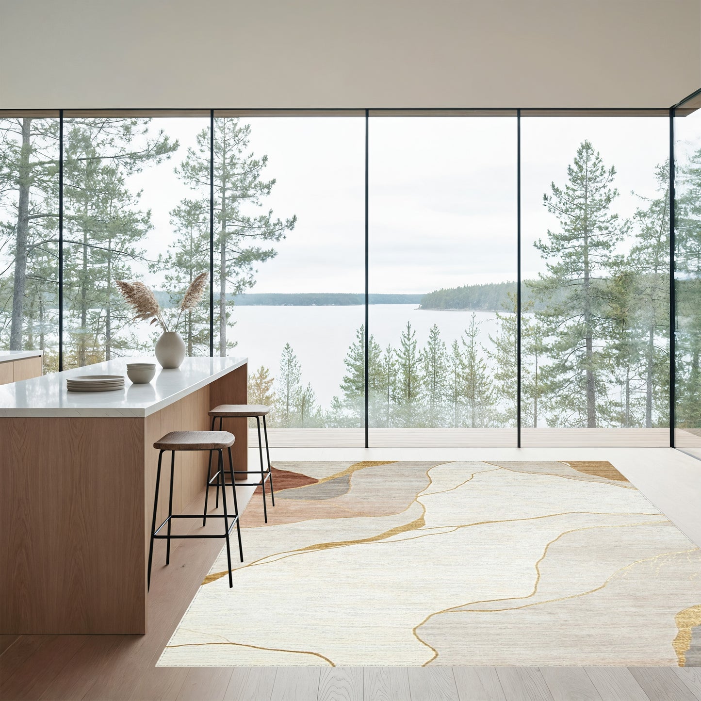 Neutral Gold Fluid Abstract Rug