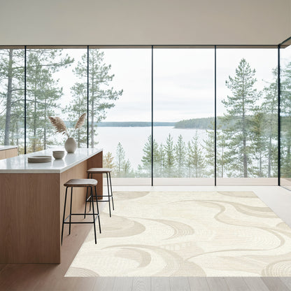 Cream Abstract Wave Swirl Rug