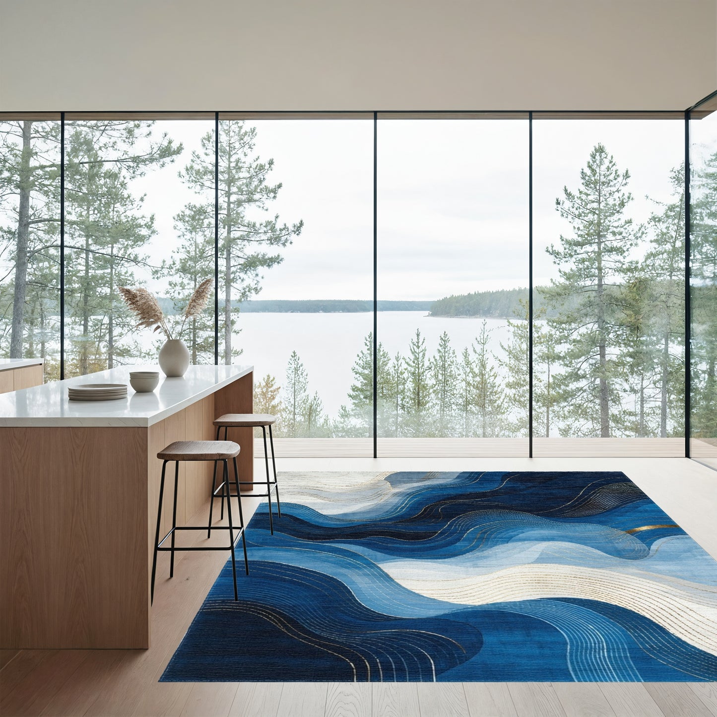 Layered Navy Waves Gold Rug
