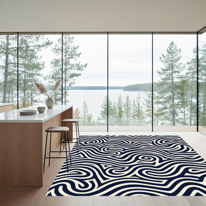 Navy Cream Swirling Waves Rug