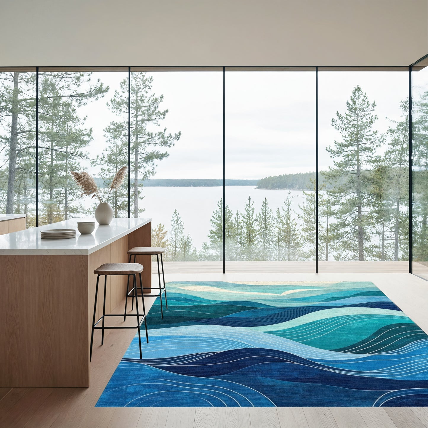 Layered Teal Blue Waves Rug