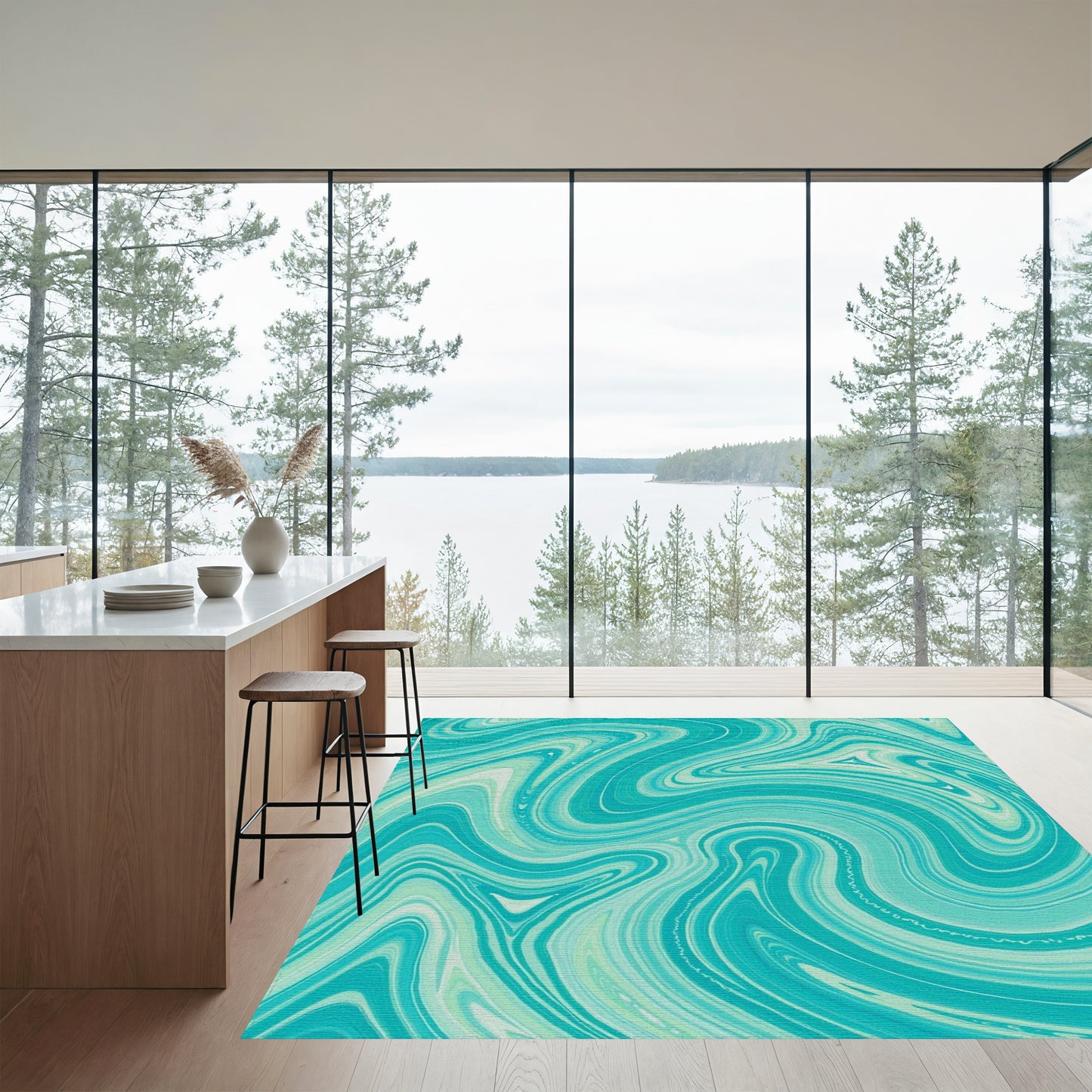 Teal Fluid Wave Swirl Rug