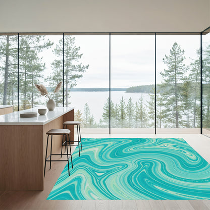 Teal Fluid Wave Swirl Rug