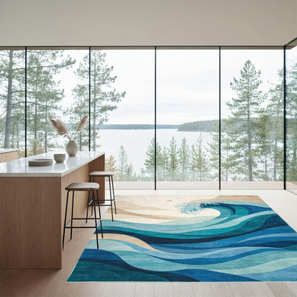 Abstract Teal Crashing Waves Rug