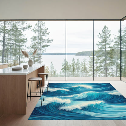 Dynamic Blue Crashing Waves Rug