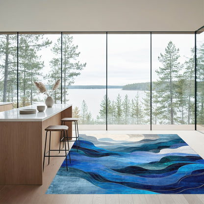 Abstract Layered Blue Waves Rug