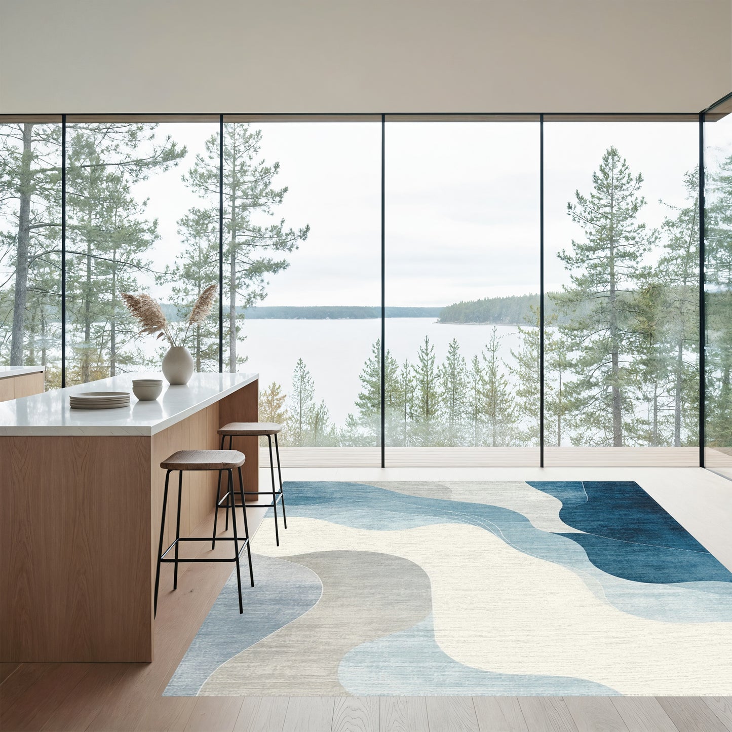 Fluid Blue Gray Abstract Waves Rug