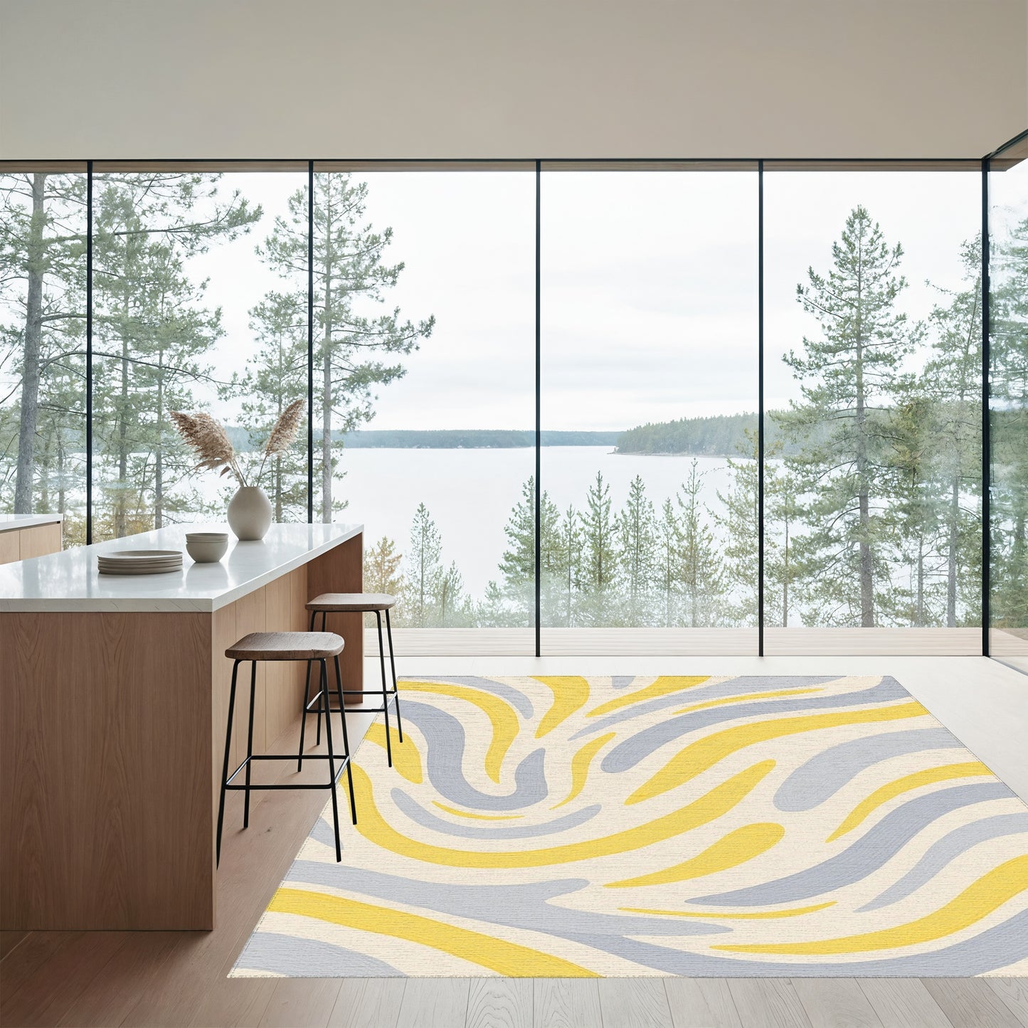 Yellow Gray Wavy Brushstroke Rug