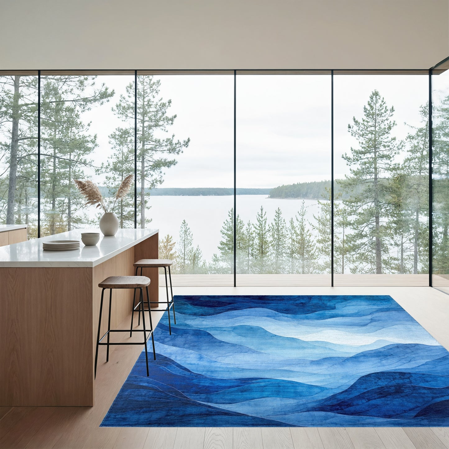 Layered Blue Watercolor Waves Rug