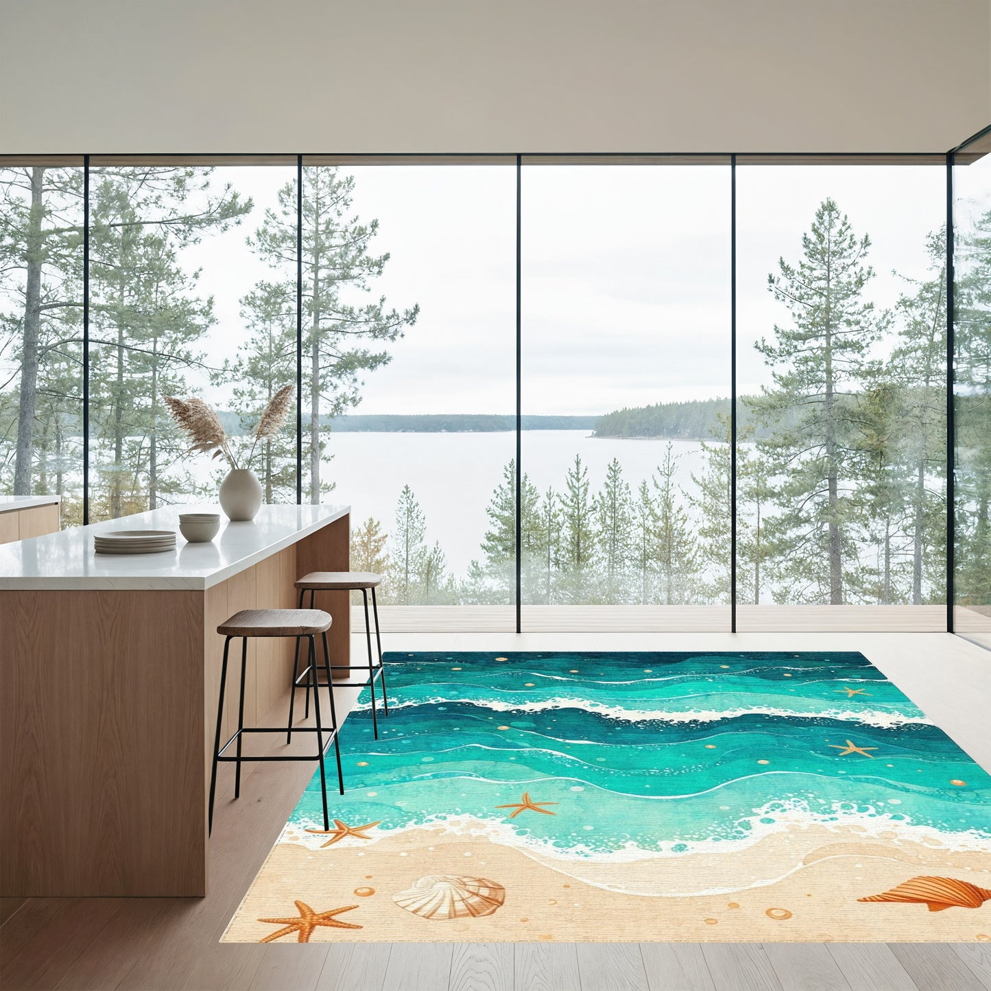 Teal Starry Waves Seashell Starfish Rug