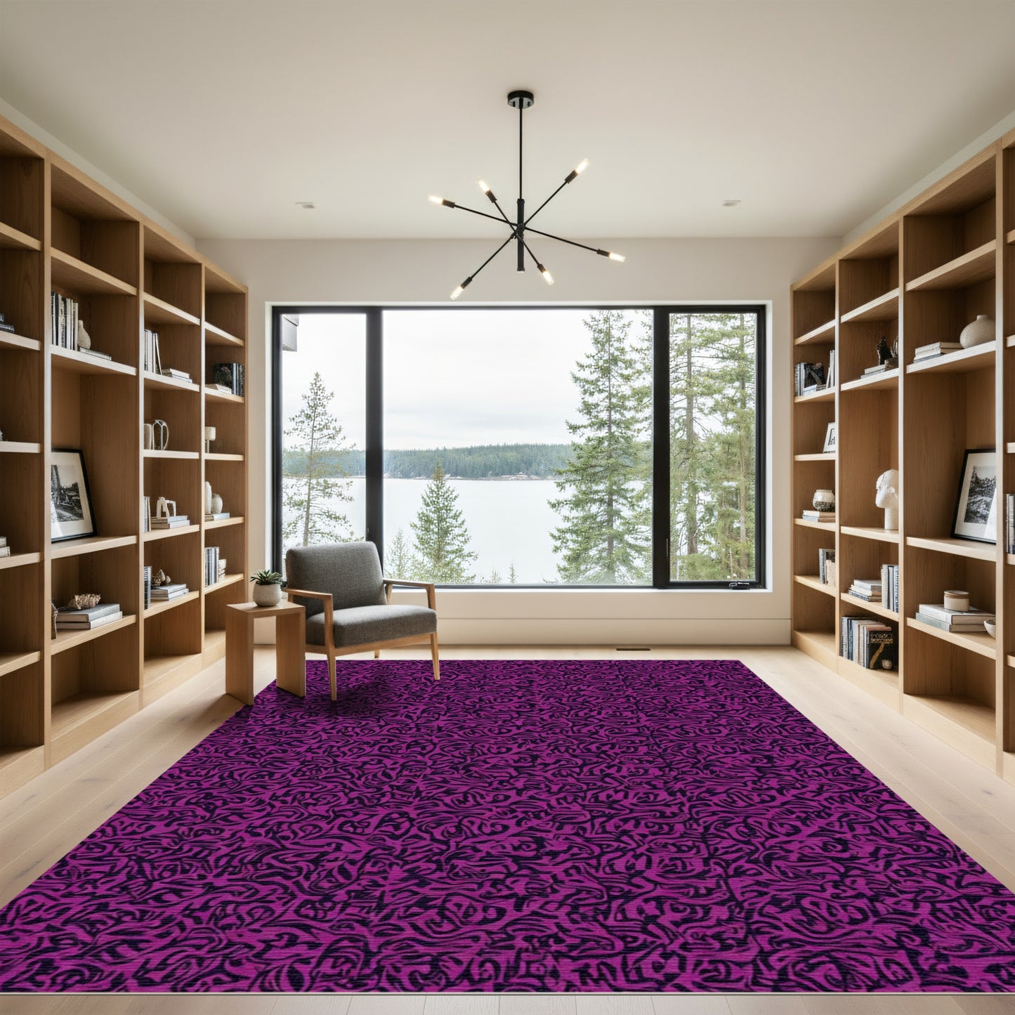 Deep Lavender Black Calligraphy Abstract Rug