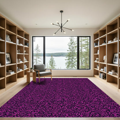 Deep Lavender Black Calligraphy Abstract Rug