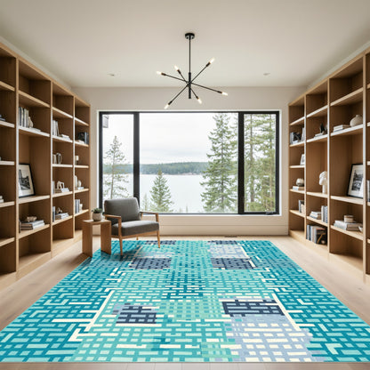 Teal Blue Brick Weave Geometric Rug