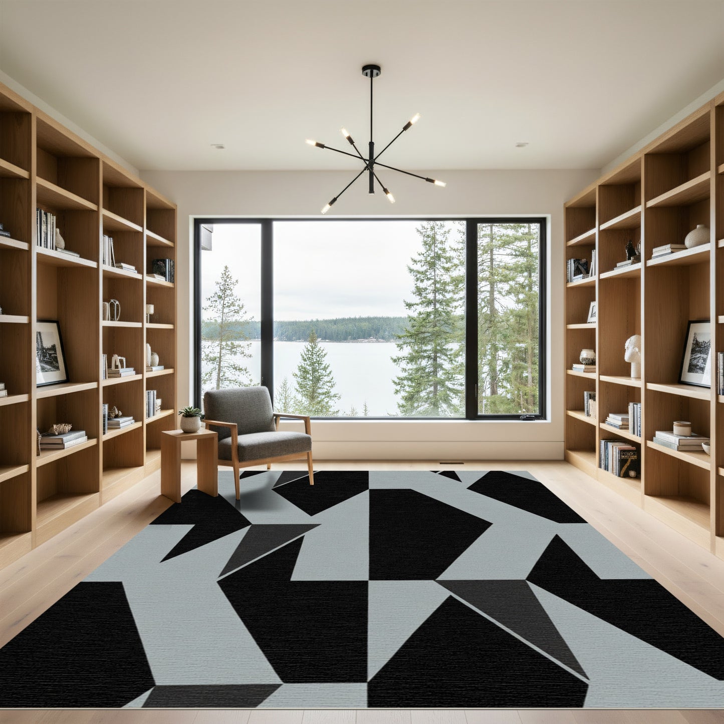 Modern Black Light Gray Geometric Angular Rug