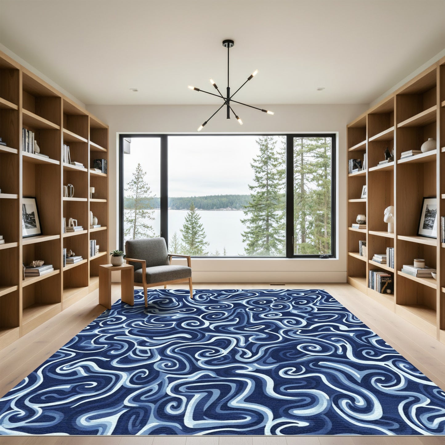 Deep Blue Swirling Abstract Rug