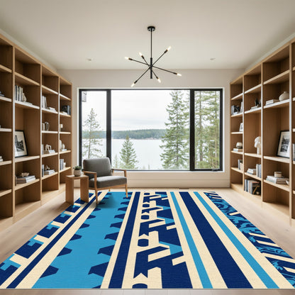 Navajo Inspired Blue Cream Geometric Stripes Rug