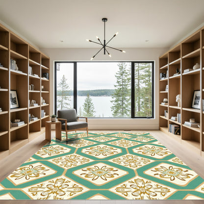 Teal Golden Medallion Geometric Rug