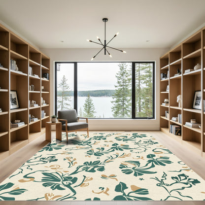 Cream Emerald Botanical Floral Artwork Rug