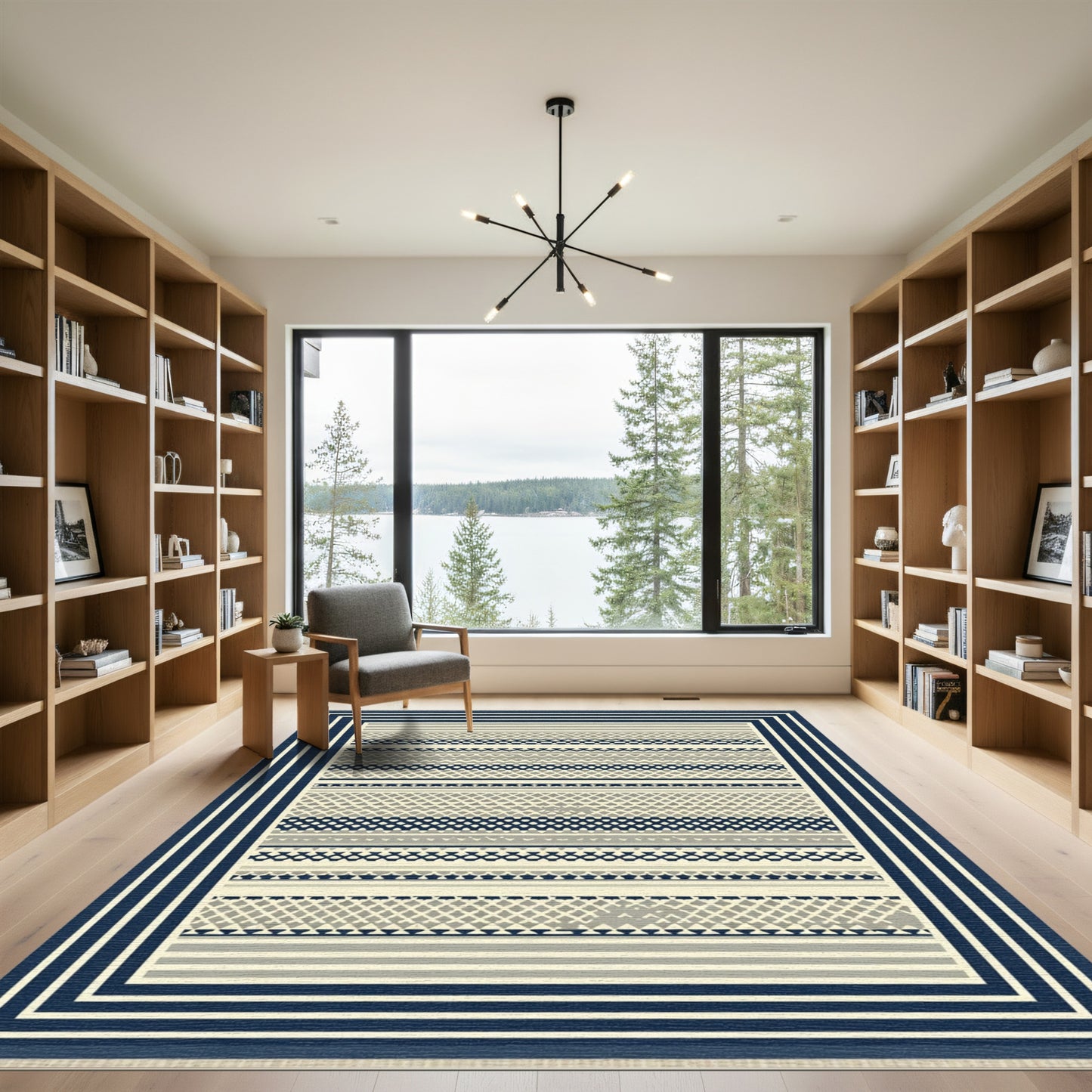 Navy Beige Geometric Stripe Border Rug