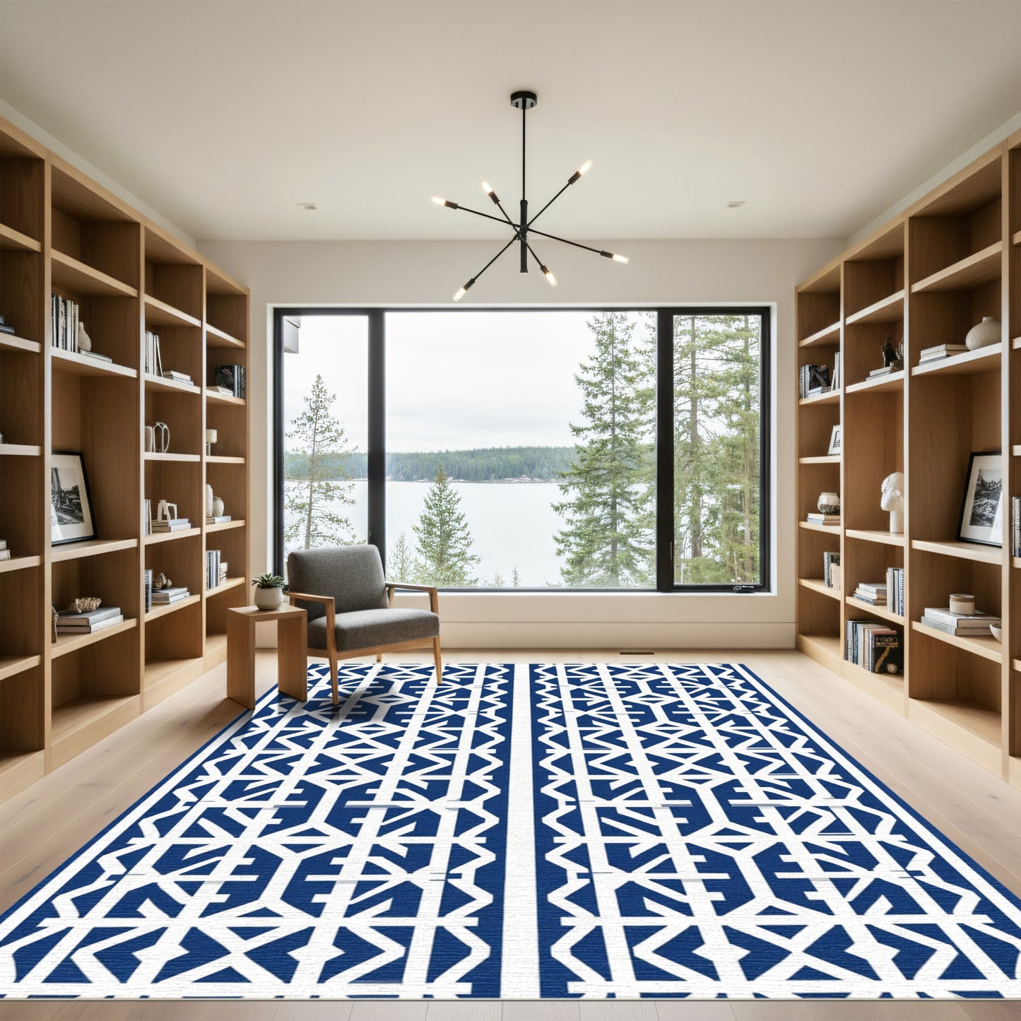 Deep Blue White Geometric Lattice Rug