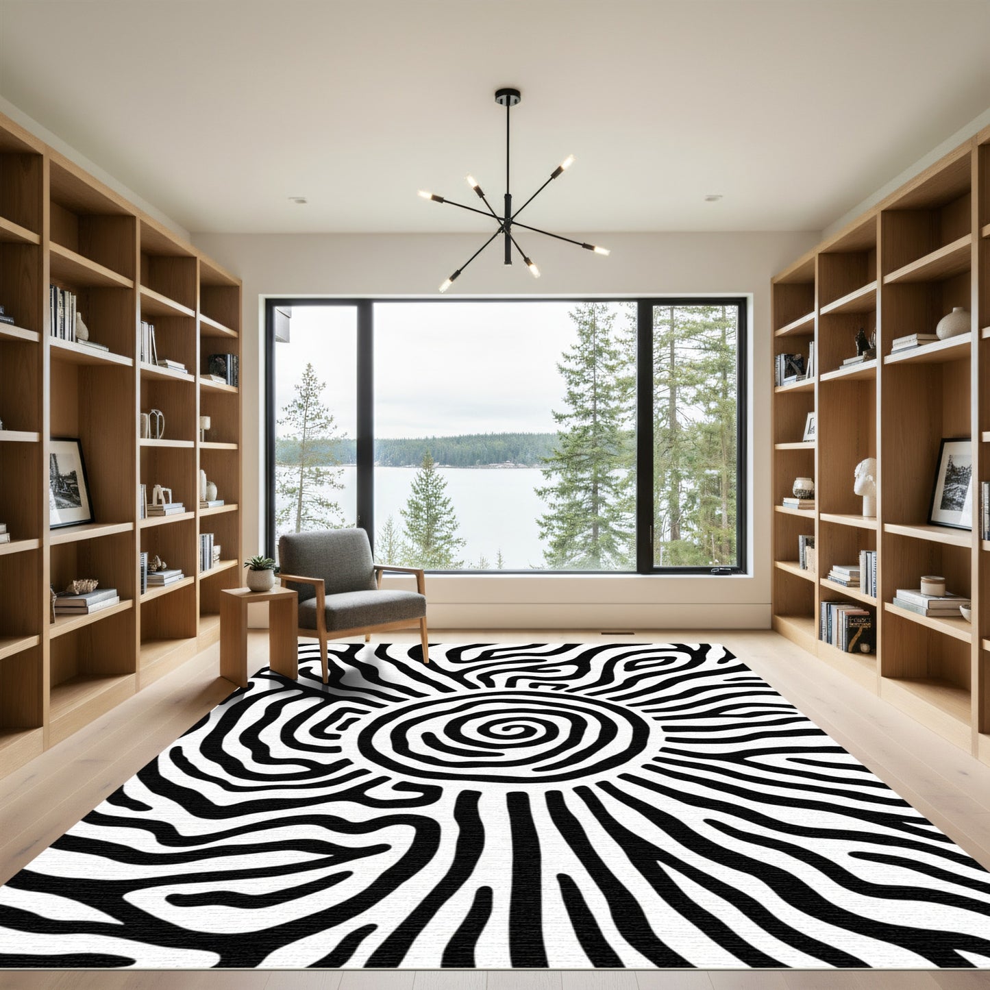 Bold Black White Sunburst Swirl Rug