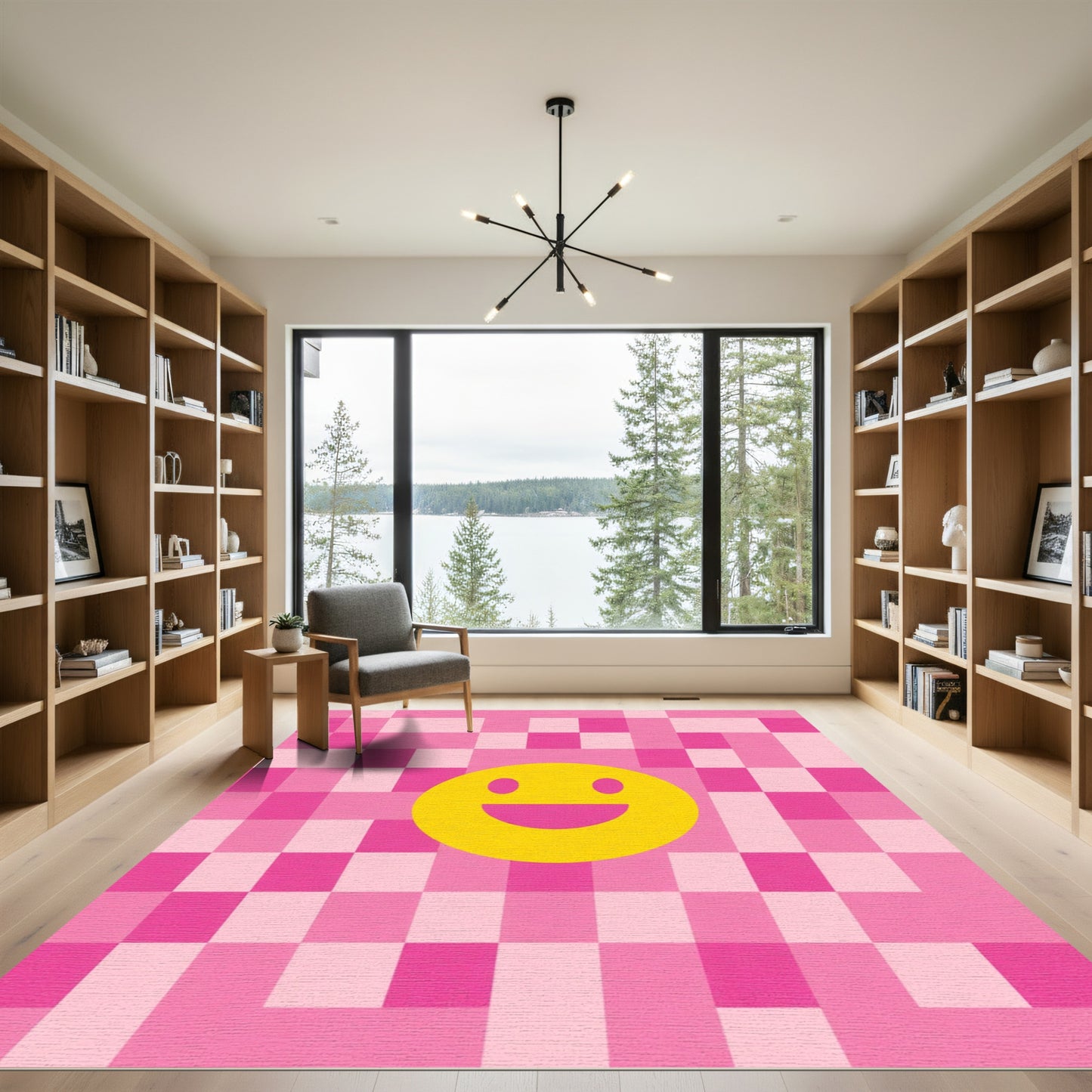 Happy Yellow Face Pink Checkered Rug