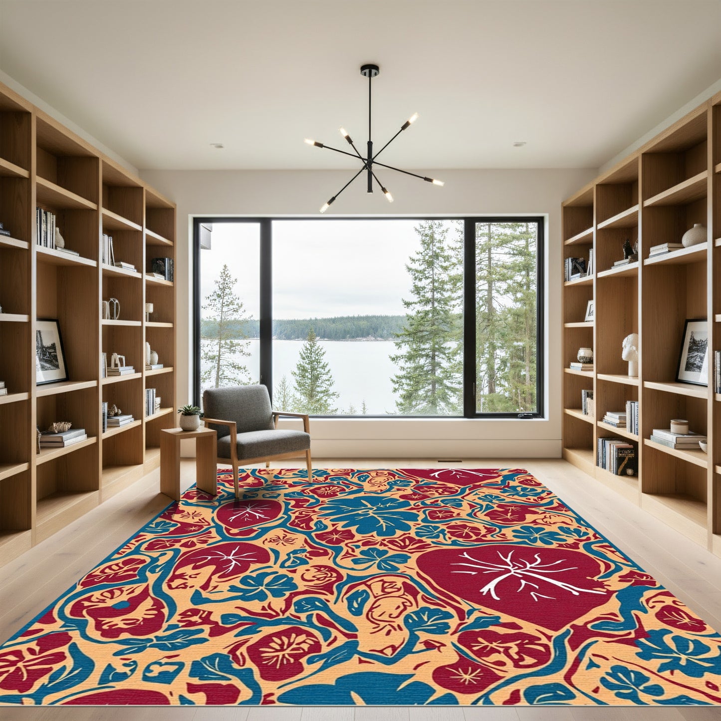 Crimson Blue Floral Vine Composition Rug