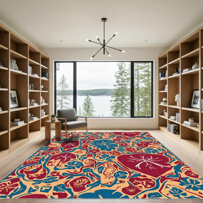 Crimson Blue Floral Vine Composition Rug