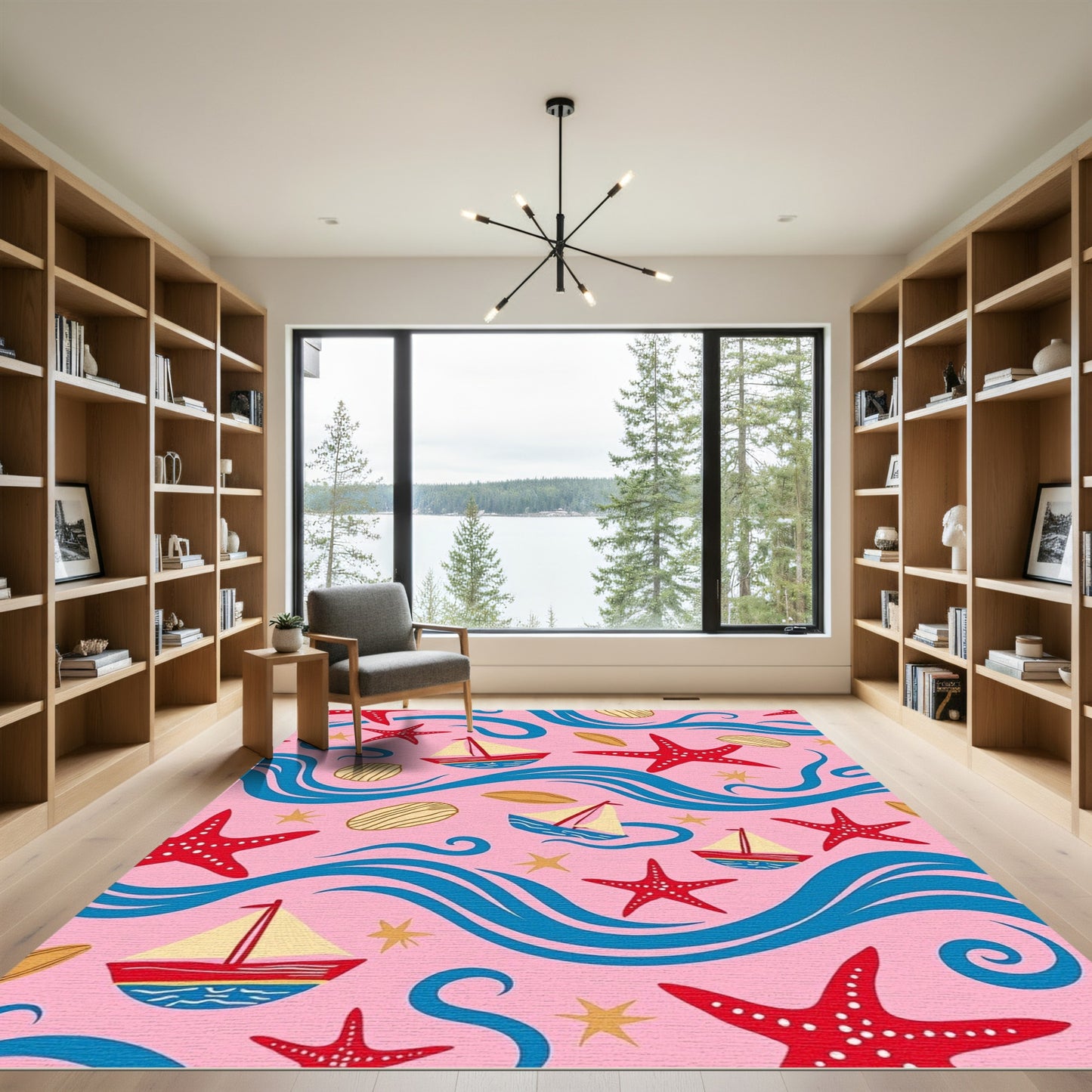 Pink Nautical Sailboat Starfish Wave Rug