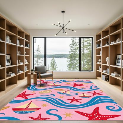 Pink Nautical Sailboat Starfish Wave Rug