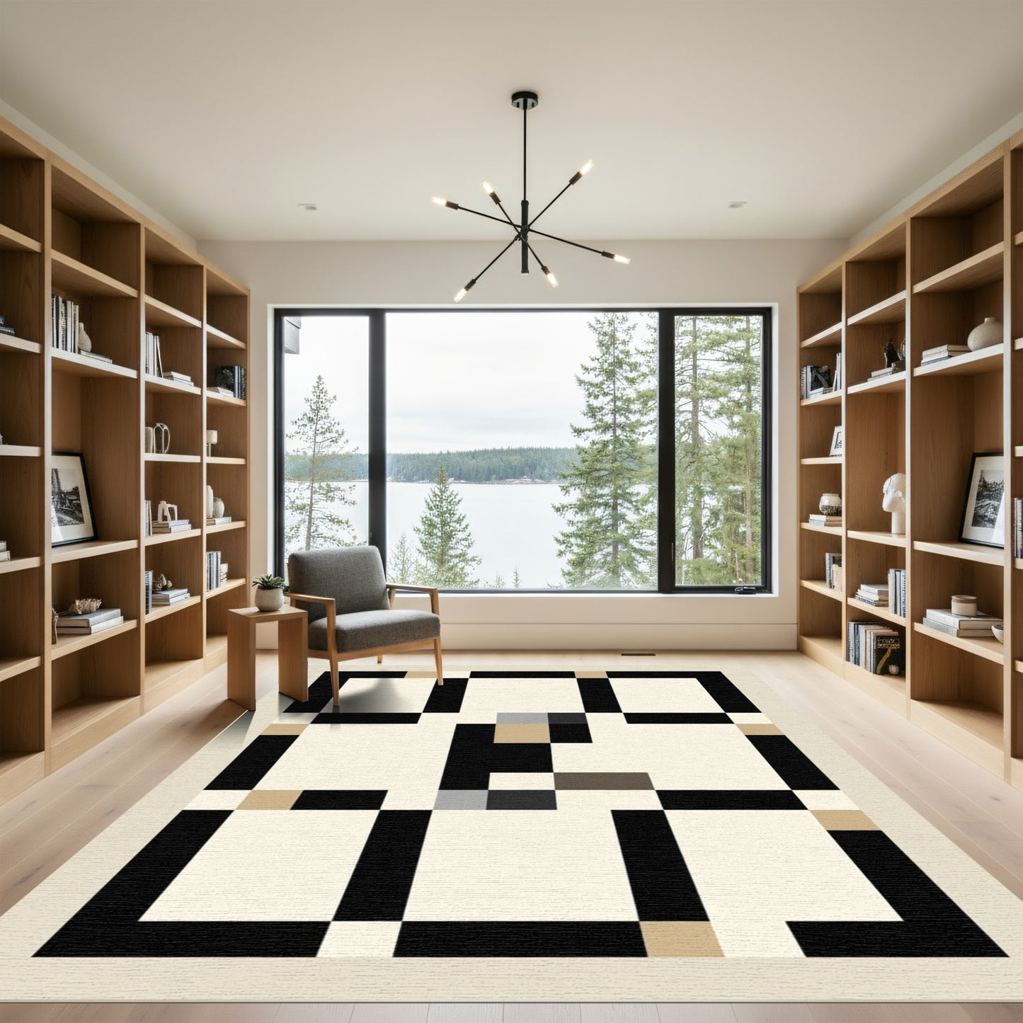 Abstract Black Tan Square Grid Rug