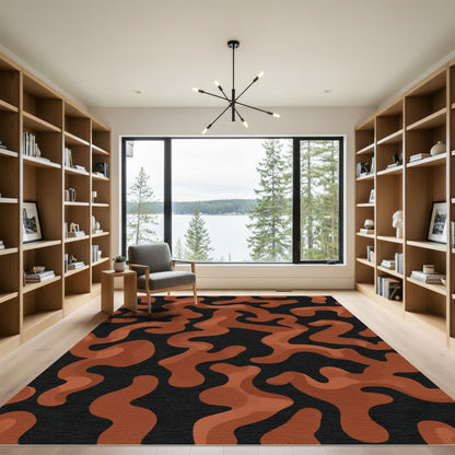 Terracotta Abstract Swirls on Black Rug
