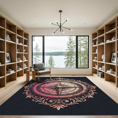 Ornate Pink Compass Rose Emblem Rug
