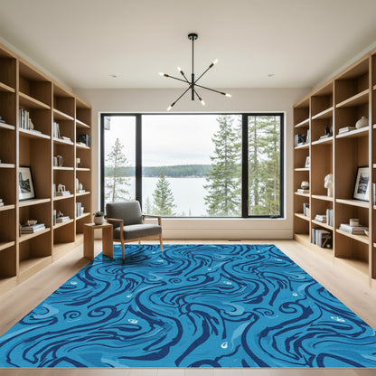 Azure Blue Swirling Water Abstract Rug